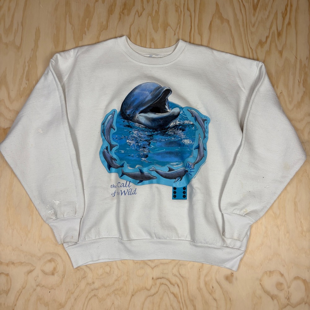 Vintage Hanes Call of the Wild Dolphin Sweatshirt XL White Made in USA Graphic